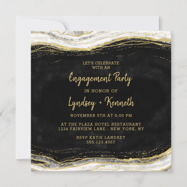 Black White & Gold Geode Agate Engagement Party Invitation (Front)