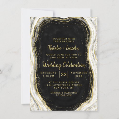 Black White  Gold Geode Agate Marble Wedding Invitation