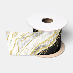 Black White & Gold Geode Agate Marble Wedding Satin Ribbon