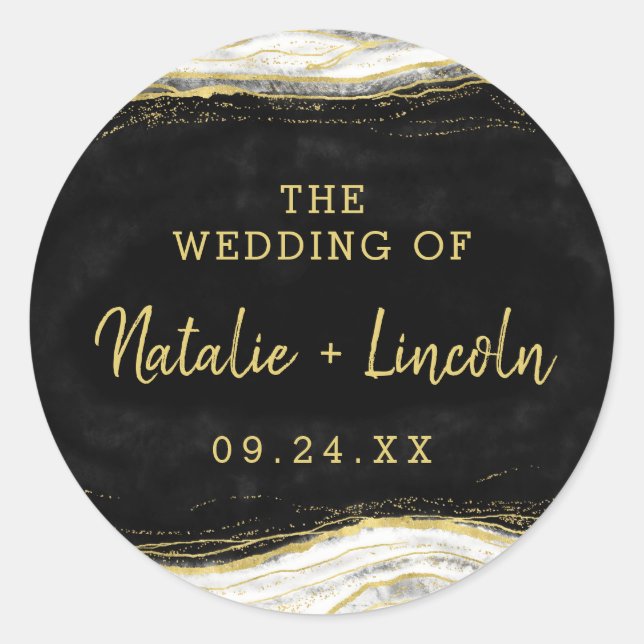 Black White & Gold Geode Agate Monogram Wedding Classic Round Sticker (Front)