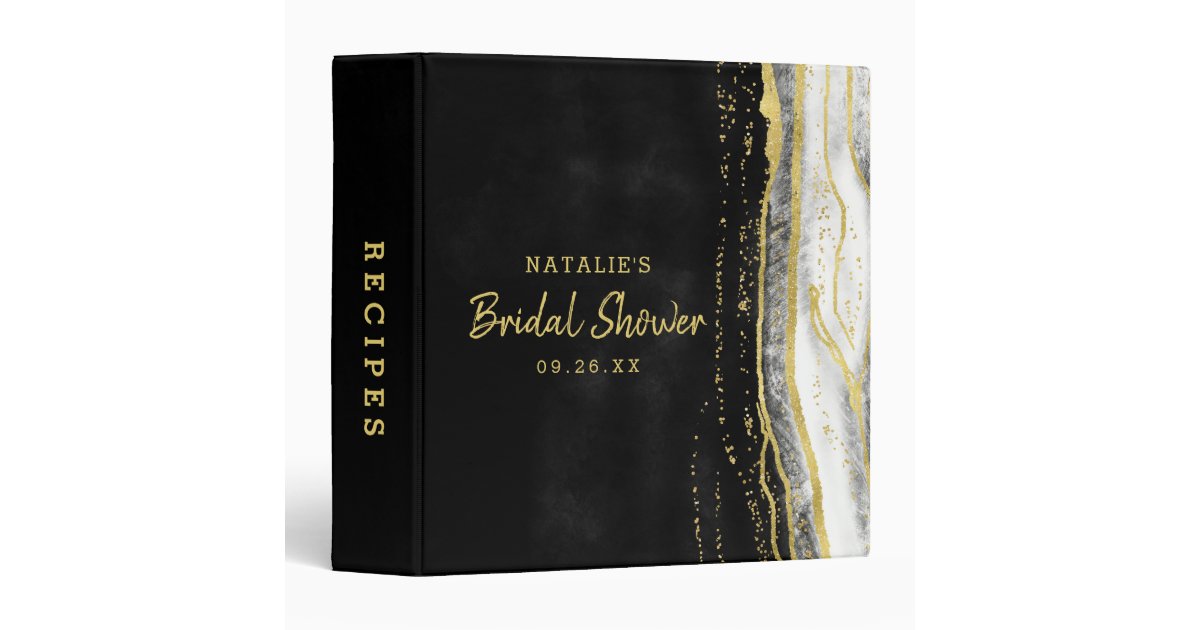 Black White & Gold Geode Agate Shower Recipe Card 3 Ring Binder | Zazzle