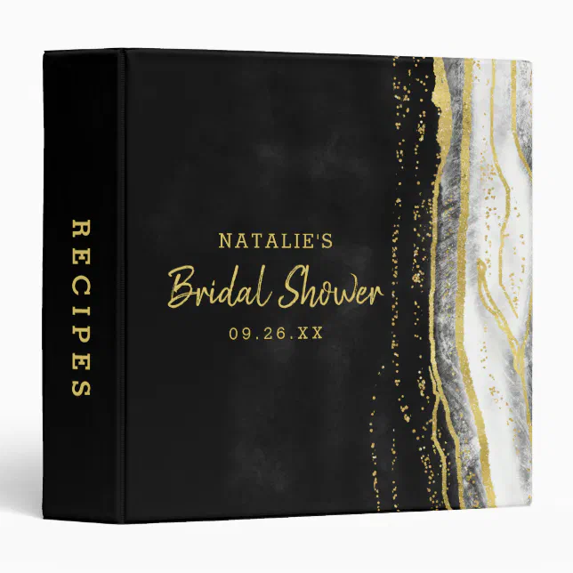 Black White & Gold Geode Agate Shower Recipe Card 3 Ring Binder | Zazzle