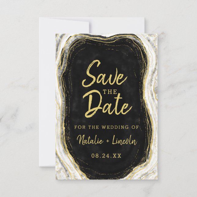 Black White & Gold Geode Agate Slice Marble Modern Save The Date (Front)