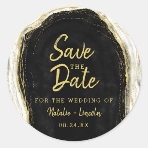 Black White & Gold Geode Agate Slice Save the Date Classic Round Sticker