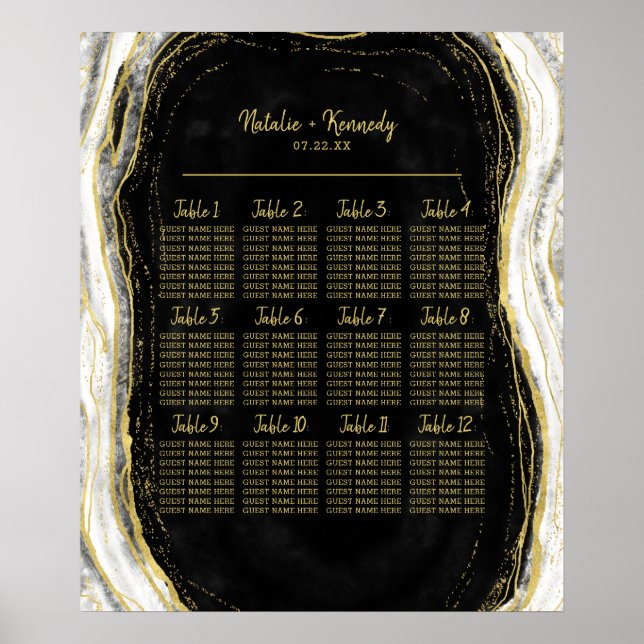 Black White & Gold Geode Agate Table Seating Chart (Front)