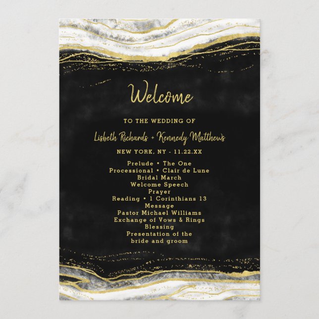 Black White & Gold Geode Agate Wedding Ceremony Program (Front)