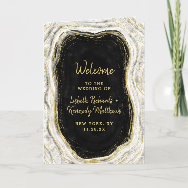 Black White & Gold Geode Agate Wedding Ceremony Program (Front)