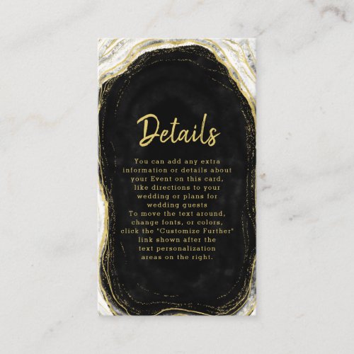 Black White  Gold Geode Agate Wedding Details Enclosure Card