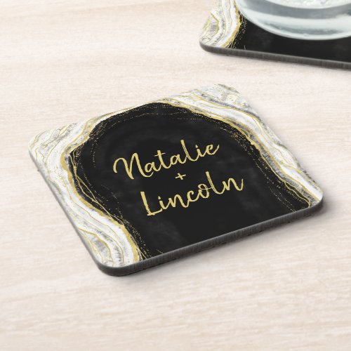 Black White  Gold Geode Agate Wedding Monogram Beverage Coaster