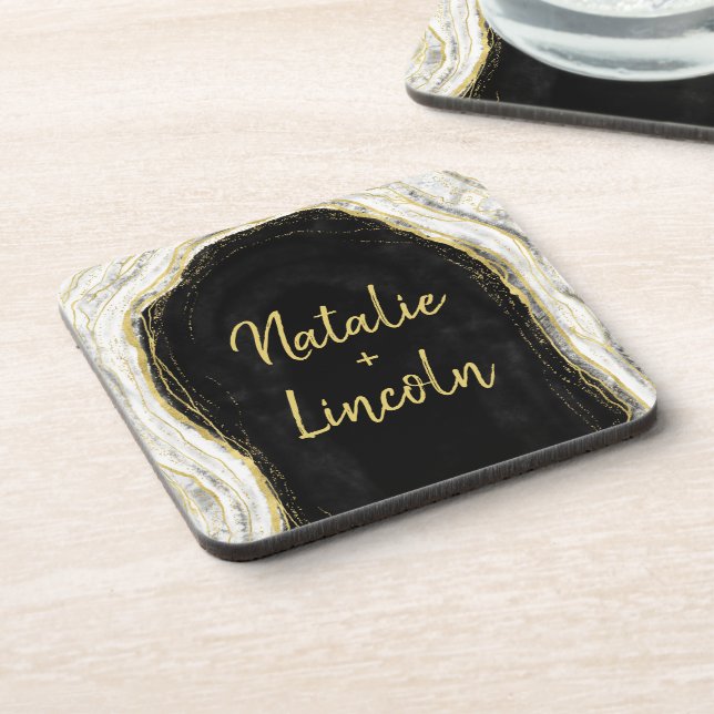 Black White & Gold Geode Agate Wedding Monogram Beverage Coaster (Left Side)