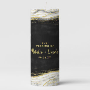 Black White & Gold Geode Agate Wedding Monogram Pillar Candle