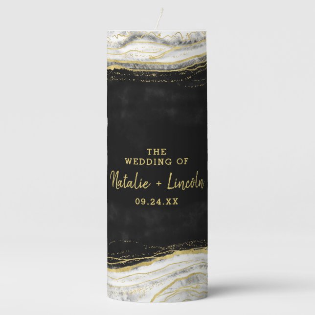 Black White & Gold Geode Agate Wedding Monogram Pillar Candle (Front)