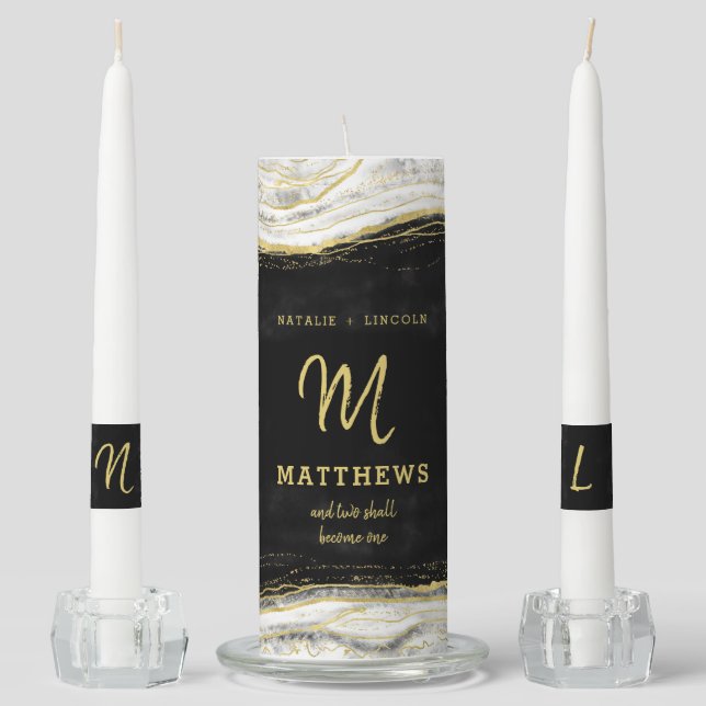 Black White & Gold Geode Agate Wedding Monogram Unity Candle Set (Front)