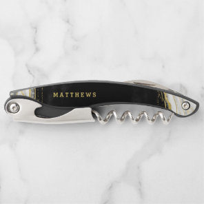 Black White & Gold Geode Agate Wedding Monogram Waiter's Corkscrew