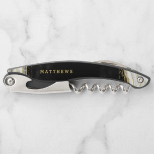 Black White & Gold Geode Agate Wedding Monogram Waiter's Corkscrew