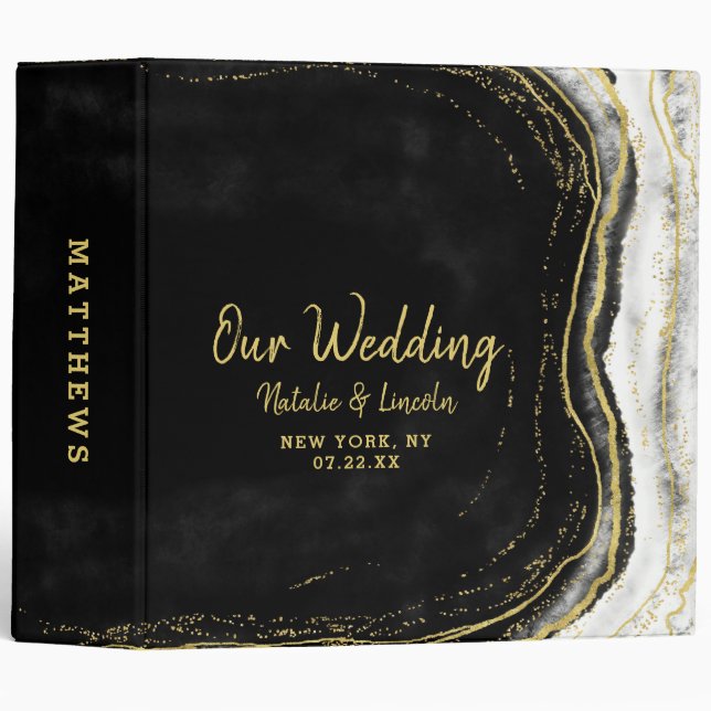 Black White & Gold Geode Agate Wedding Photo Album 3 Ring Binder (Front/Spine)