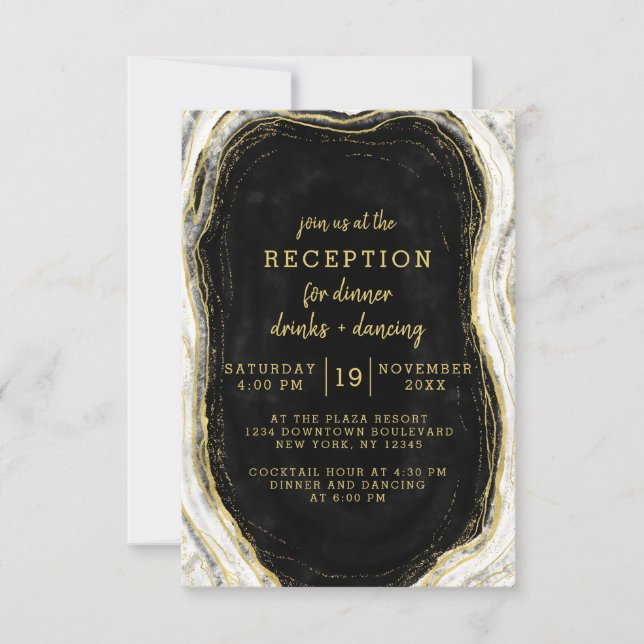Black White & Gold Geode Agate Wedding Reception Invitation (Front)