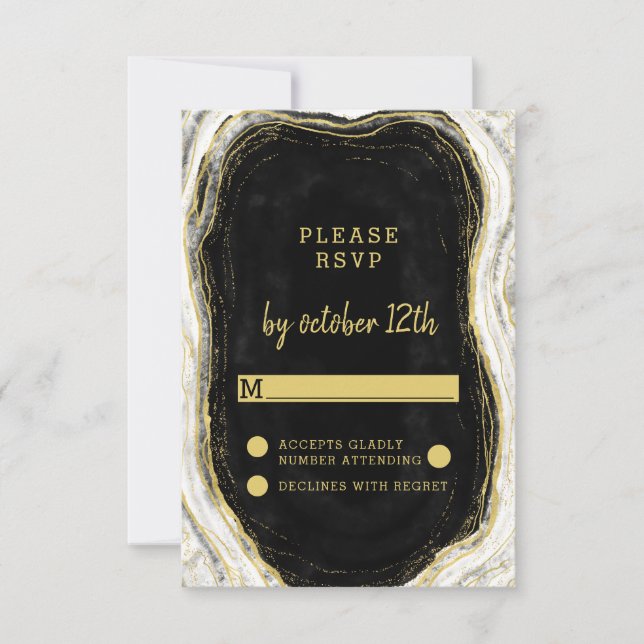 Black White & Gold Geode Agate Wedding RSVP Reply (Front)
