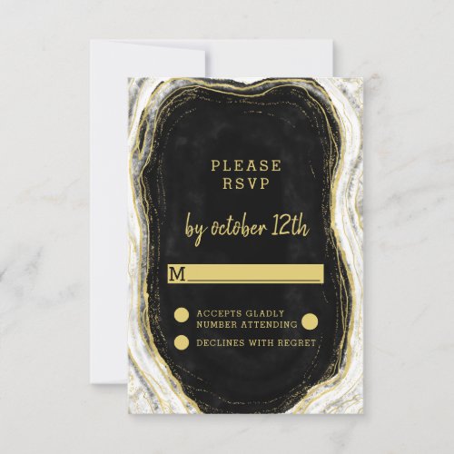 Black White  Gold Geode Agate Wedding RSVP Reply