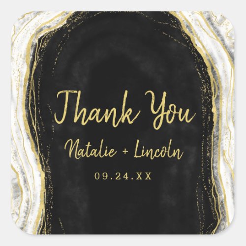 Black White  Gold Geode Agate Wedding Thank You Square Sticker