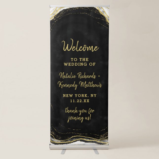 Black White & Gold Geode Agate Wedding Welcome Retractable Banner (Front)