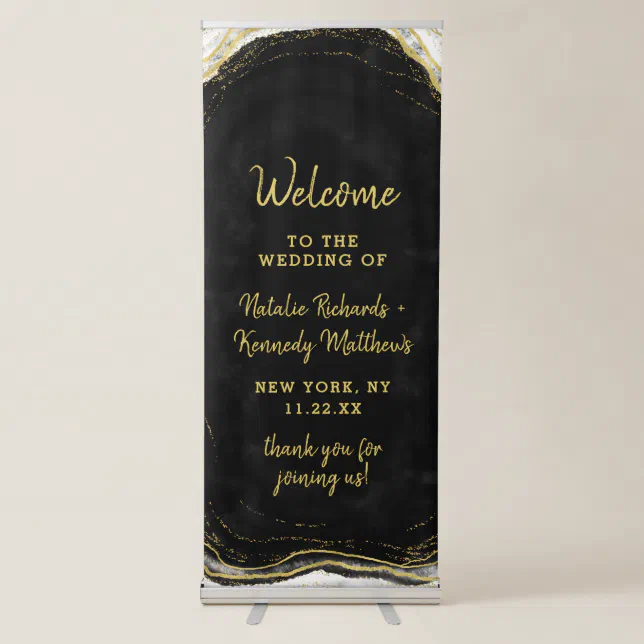 Black White & Gold Geode Agate Wedding Welcome Retractable Banner | Zazzle