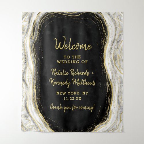 Black White  Gold Geode Agate Wedding Welcome Tapestry