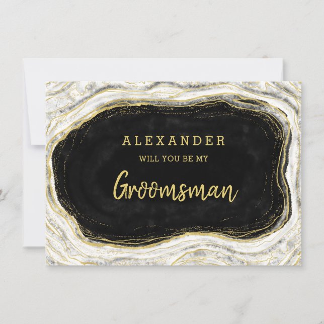 Black White & Gold Geode Groomsman Proposal Card (Front)