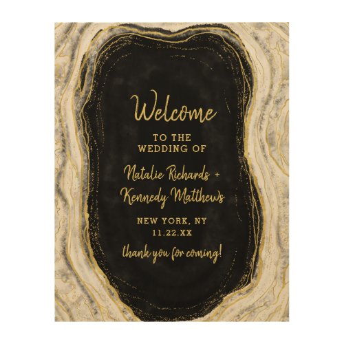 Black White  Gold Geode Rock Wedding Welcome Sign