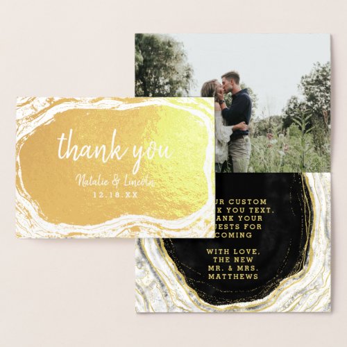 Black White  Gold Geode Thank You Wedding Photo Foil Card