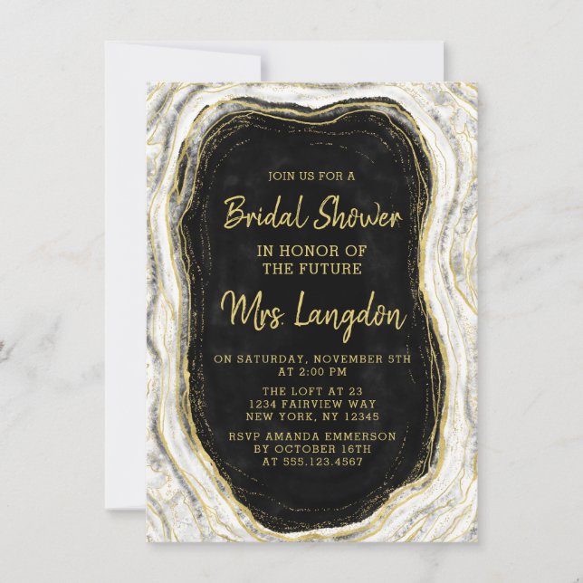 Black White & Gold Geode Wedding Bridal Shower Invitation (Front)