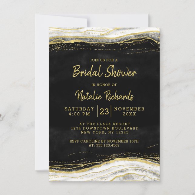 Black White & Gold Geode Wedding Bridal Shower Invitation (Front)