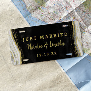 Black White & Gold Geode Wedding Just Married License Plate