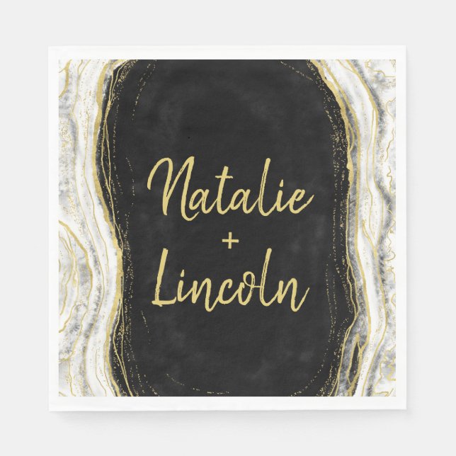 Black White & Gold Geode Wedding Monogram Dinner Napkins (Front)