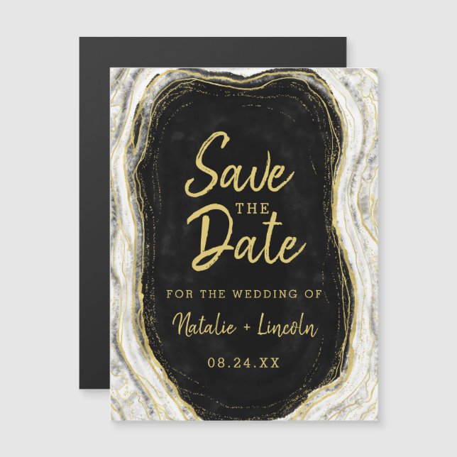 Black White & Gold Geode Wedding Save the Date Magnetic Invitation (Front/Back)