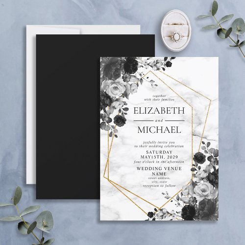 Black White Gold Geometric Marble Floral Wedding Invitation