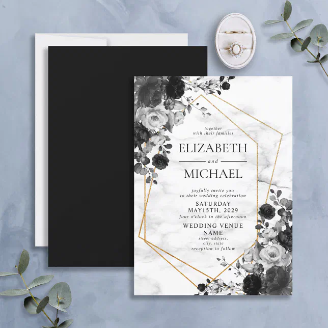 Black White Gold Geometric Marble Floral Wedding Invitation | Zazzle