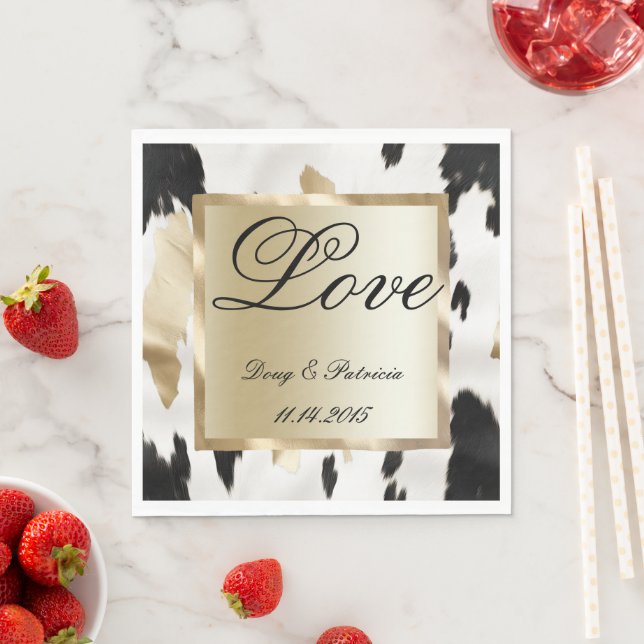Black White Gold Glam Cowhide Southwest Wedding Napkins (Insitu)