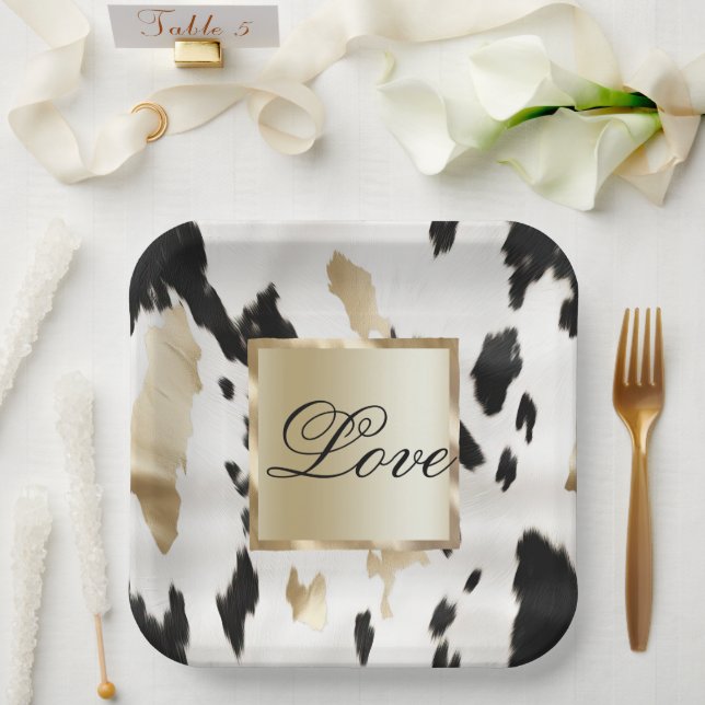 Black White Gold Glam Cowhide Southwest Wedding Paper Plates (Wedding)