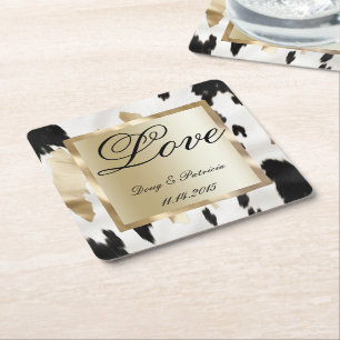 Black White Gold Glam Cowhide Southwest Wedding Square Paper Coaster