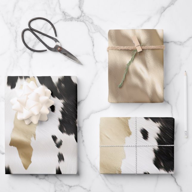 Black White Gold Glam Cowhide Southwest Wedding Wrapping Paper Sheets (Front)