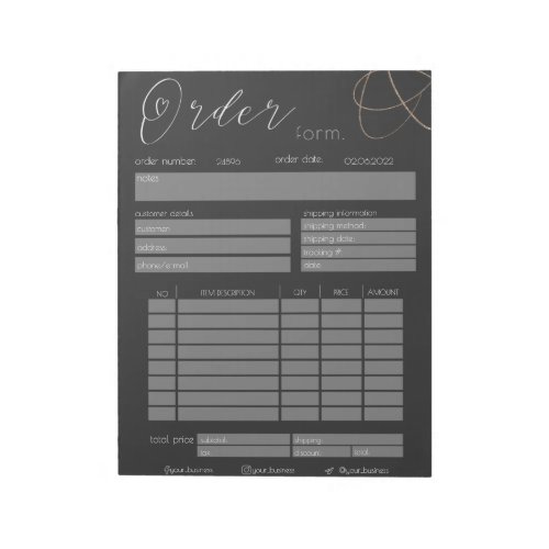 Black  White Gold Glitter Business Order Form Notepad