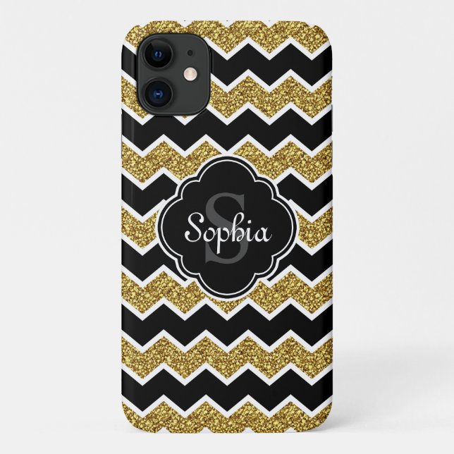 Black White Gold Glitter Chevron Pattern Case-Mate iPhone Case (Back)
