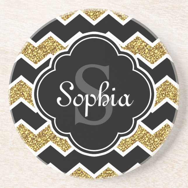 Black White Gold Glitter Chevron Pattern Coaster (Front)