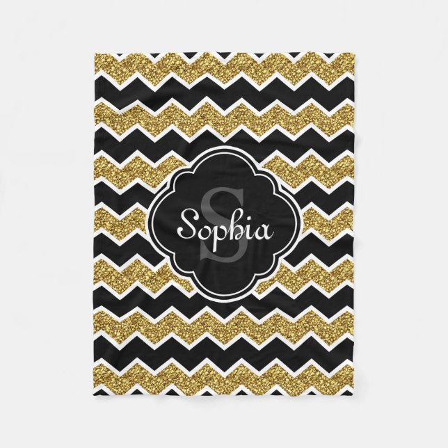 Black White Gold Glitter Chevron Pattern Fleece Blanket (Front)