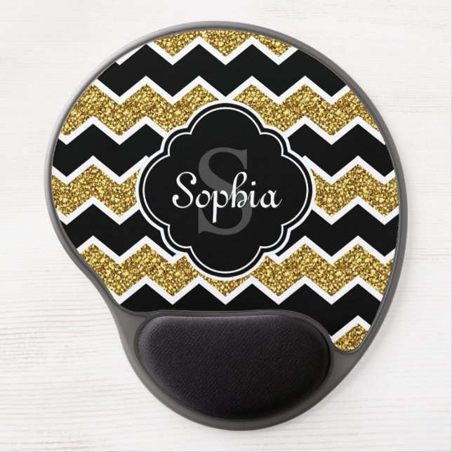 Black White Gold Glitter Chevron Pattern Gel Mouse Pad (Front)