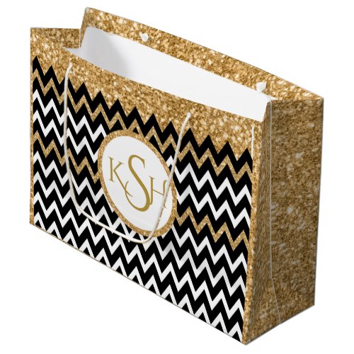 Black White  Gold Glitter Chevron Pattern Large Gift Bag