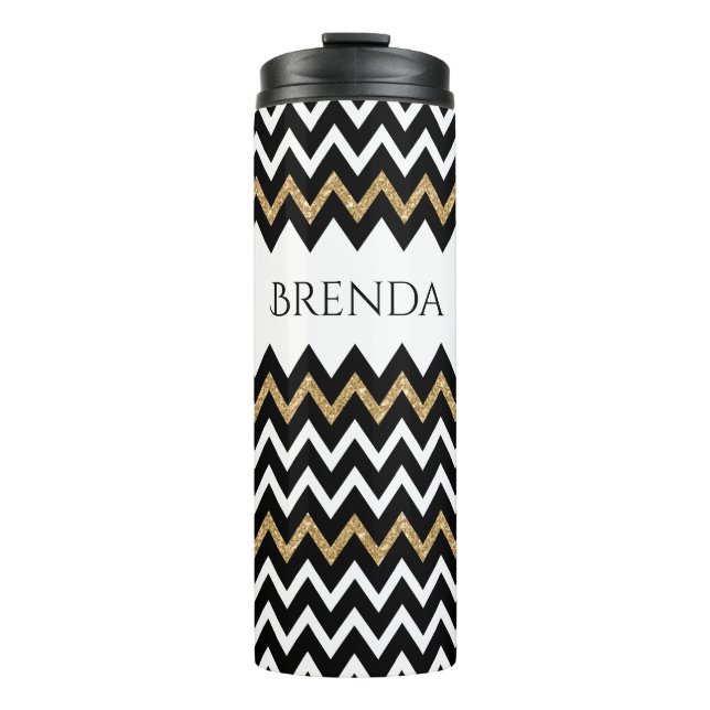 Black White * Gold Glitter Chevron Pattern Thermal Tumbler (Front)