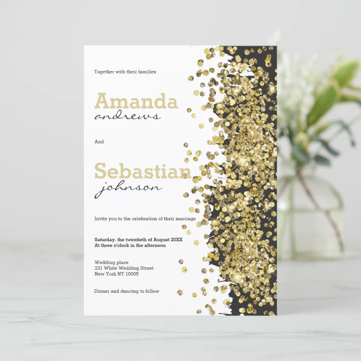 Black white gold glitter confetti typo wedding invitation | Zazzle