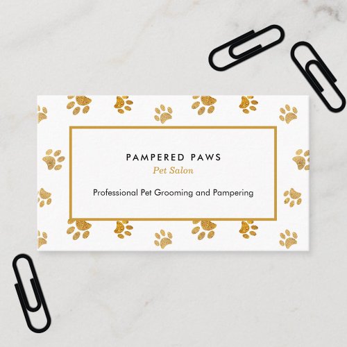 Black White Gold Glitter Paw Prints Pet Salon Business Card